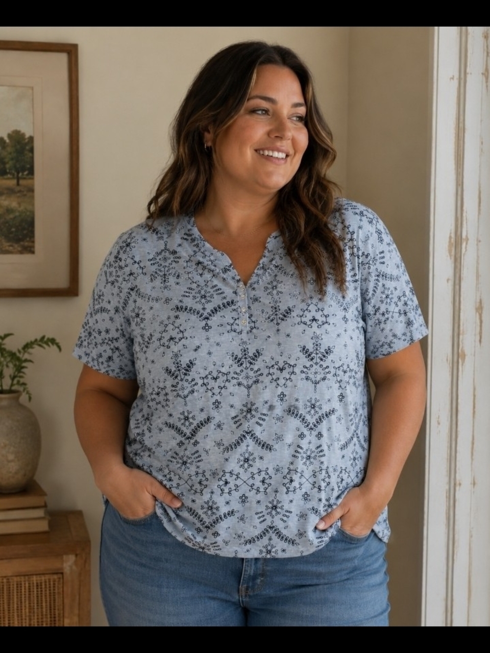 Karen Scott Light Blue Short Sleeve Floral Top